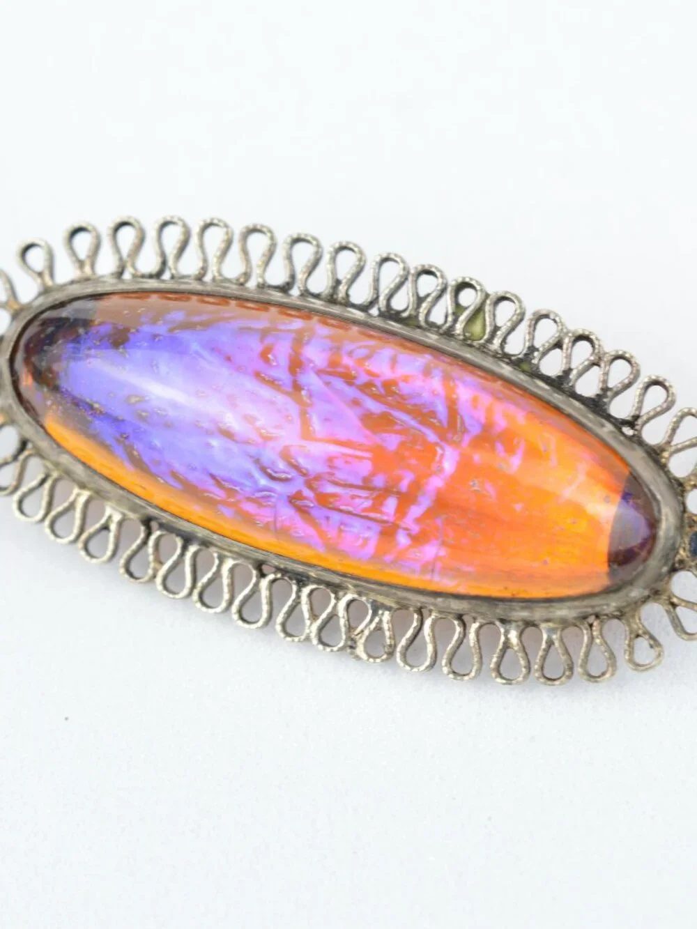 Antique Art Deco Dragons Breath Glass Brooch Pin Sterling Silver Filigree Czech